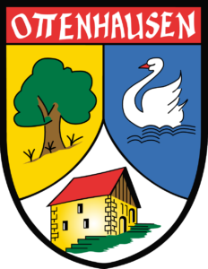 Wappen Ottenhausen, Ein Baum auf gelbem, ein Schwan auf blauem und die Bauernburg auf weißem Grund.